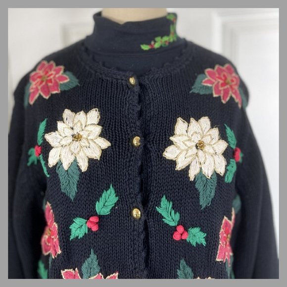 Bechamel Petite Christmas Poinsettia Black Sweater PL Holly Turtleneck Top LOT 2 - Picture 2 of 9